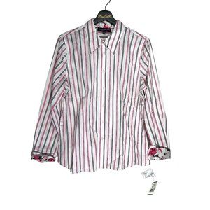 Jones New York White Striped Button Front Shirt L